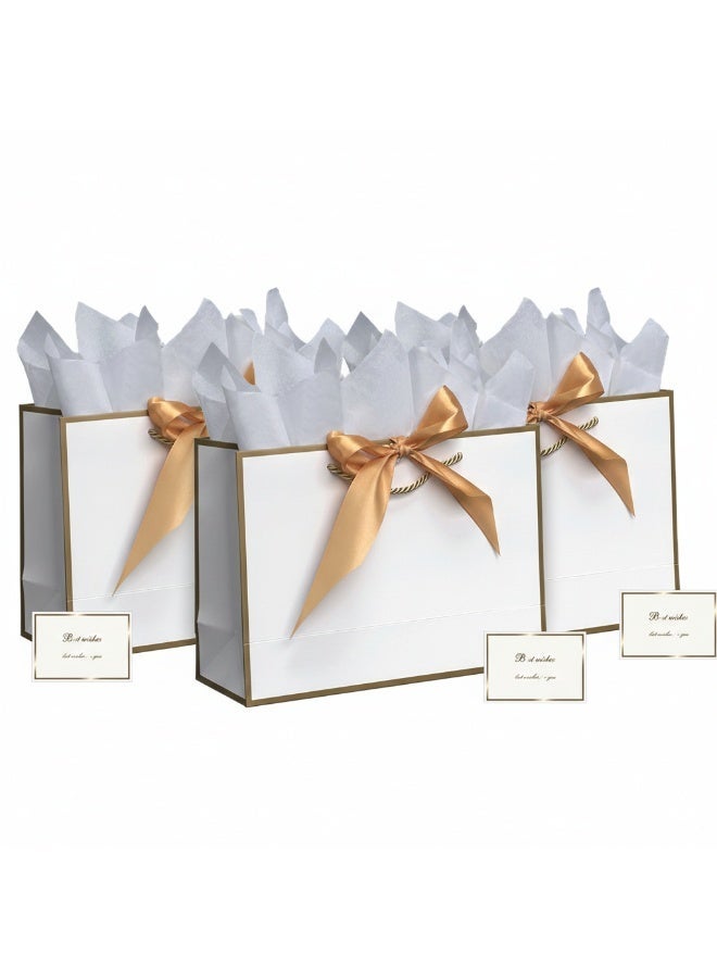 Neox Gift bag3 أكياس هدايا بيضاء كبيرة، أكياس ورقية مزينة بشريط، بطاقات تهنئة وورق مناديل، حقائب حفلات محمولة بمقابض، حقائب هدايا أعياد ميلاد، حقائب هدايا لحفلات الزفاف، لوازم الحفلات - Image 1
